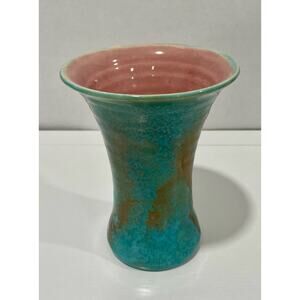 Pisgah Forest Pottery 1950's Trumpet 6.75" Tall Turquoise Gold Vase with Pink